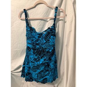 Septangle Womens Blue Black Floral Paisley Swim Dress One Piece Swimsuit 22W NEW